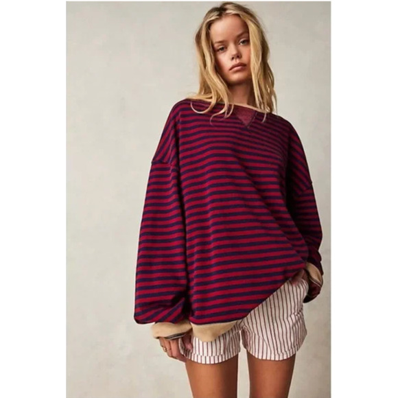 Free People Tops - Free People Oversized Red and Navy Striped Sweatshirt